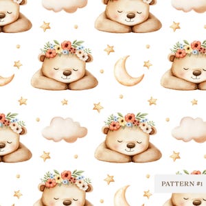 Modèle sans couture aquarelle de bébé ours, impression de chambre d'enfant mignon animal endormi, lune et étoiles papier numérique pour baby shower et conception de tissu