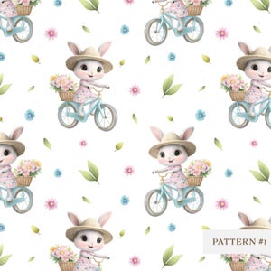Motivo senza cuciture con coniglietto primaverile, carta digitale con simpatico coniglio in bicicletta, sfondo floreale per baby shower, decorazione murale pastello per cameretta dei bambini, design in tessuto