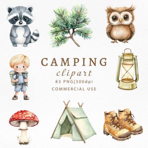 Bundle de cliparts camping aquarelle, art numérique animaux de la forêt, illustrations d'aventures en forêt, designs d'extérieur, téléchargement PNG, nourriture de pique-nique