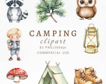 Watercolor Camping Clipart Bundle, Woodland Animals Digital Art, Forest Adventure Illustrations, Outdoor Designs, PNG Download, Picnic  food