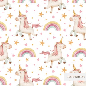 Op de afbeelding: Een herhalend patroon met eenhoorns, regenbogen, sterren en harten op een witte achtergrond. De eenhoorns hebben roze manen en gouden hoorns. De regenbogen zijn pastelkleurig. De sterren en harten zijn goud en roze. De tekst "PATTERN #1" staat rechtsonder.