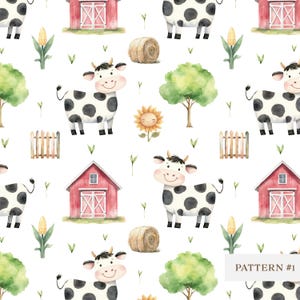Animaux de la ferme sans couture modèle PNG, vache aquarelle papier numérique sans couture pour baby shower, décoration de chambre d'enfant, scrapbooking, impression de tissu pour enfants