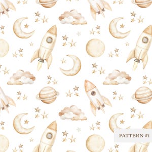 Aquarelle transparente motif spatial - fusée, lune, étoiles, nuages, illustrations de planètes, décoration de chambre d'enfant, création de tissu et créations manuelles