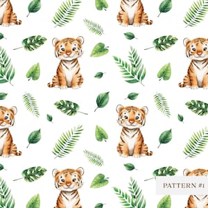 Modello senza cuciture di cucciolo di tigre, modello di foglia verde, stampa digitale di animali della giungla, decorazione per la cameretta dei bambini, scrapbooking, design di tessuti, modello di tigre bambino
