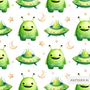 May include: Watercolor pattern featuring green aliens, UFOs, stars, and crescent moons on a white background. The aliens have large eyes and antennae. The UFOs have a transparent dome. The text "PATTERN #1" is in the bottom right corner.
