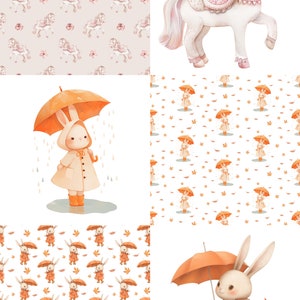 May include: A digital collage featuring four different illustrations. The top left image is a repeating pattern of white horses with pink saddles and flowers. The top right image is a single white horse with a pink saddle and flowers. The bottom left image is a repeating pattern of white rabbits wearing orange raincoats and holding orange umbrellas. The bottom right image is a single white rabbit wearing an orange raincoat and holding an orange umbrella.