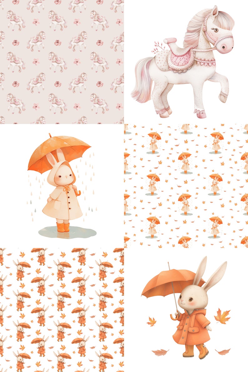 May include: A digital collage featuring four different illustrations. The top left image is a repeating pattern of white horses with pink saddles and flowers. The top right image is a single white horse with a pink saddle and flowers. The bottom left image is a repeating pattern of white rabbits wearing orange raincoats and holding orange umbrellas. The bottom right image is a single white rabbit wearing an orange raincoat and holding an orange umbrella.