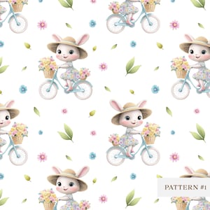 Naadloos patroon lentehaas, schattig konijn op fiets digitaal papier, bloemen babyshower achtergrond, pastel kinderkamer kunst aan de muur, stoffenontwerp