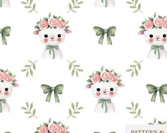 Seamless Lamb Pattern with Flowers, Cute Baby Sheep Digital Paper, Farm Animal Nursery Background, Baby Shower Scrapbook Download|Fabric PNG