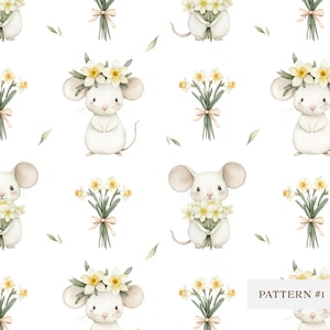 Naadloze aquarelmuispatroon, schattige muizenstof met bloemen, digitaal papier, babykamerprint, plakboek, textielontwerp voor kinderen, lente, png PNGEgg