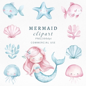 Bundle de clipart sirène mignonne, aquarelle sirène amis PNG ensemble, animaux marins mignons, océan, sous la mer, méduses de poisson, usage Commercial