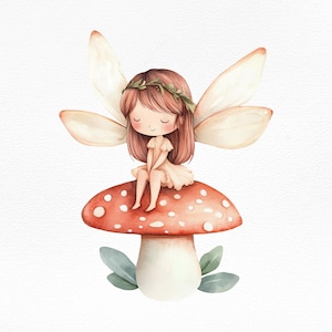Clipart fata su fungo, illustrazione stravagante del bosco, decorazioni per la stanza dei bambini, inviti per baby shower, progetti di arte digitale, file di sublimazione