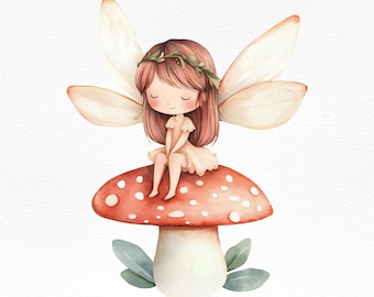 Fairy on Mushroom Clipart, Whimsical Woodland Illustration, Kids Room Decor, Baby Shower Invitations, Digital Art Projects, Sublimation File