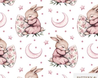 Cute Watercolor Sleeping Bunny seamless pattern, Sleepy Rabbit  Pattern, Digital Paper, repeating pattern, Nursery fabric design, Sleepyhead