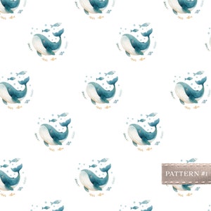 Whale seamless pattern-Ocean Watercolor Pattern-Digital Paper-Baby repeating pattern-Nursery fabric design-Commercial Use-Kids Wallpaper