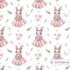 Peut inclure: Un motif sans couture représentant des lapins roses portant des robes roses et tenant des bouquets de fleurs roses. L'arrière-plan est blanc avec des feuilles vertes et des papillons roses.