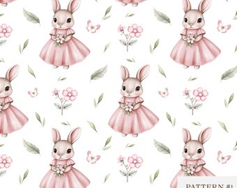 Cute Bunny Girl seamless pattern-Watercolor Rabbit Pattern-Digital Paper-Baby repeating pattern-Nursery fabric design-Kids Wallpaper-Animal