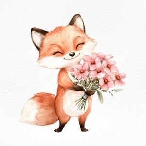 Renard lunatique avec fleurs roses Illustration PNG, Art mural mignon pour chambre d'enfant, Sublimation des cliparts, anniversaire d'enfants, téléchargement renard Saint-Valentin