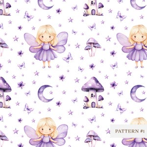 Purple Fairy Seamless Pattern, Cute Fairy Digital Paper, Watercolor Fantasy Background, Whimsical Nursery Printable, Fairy Fabric Design
