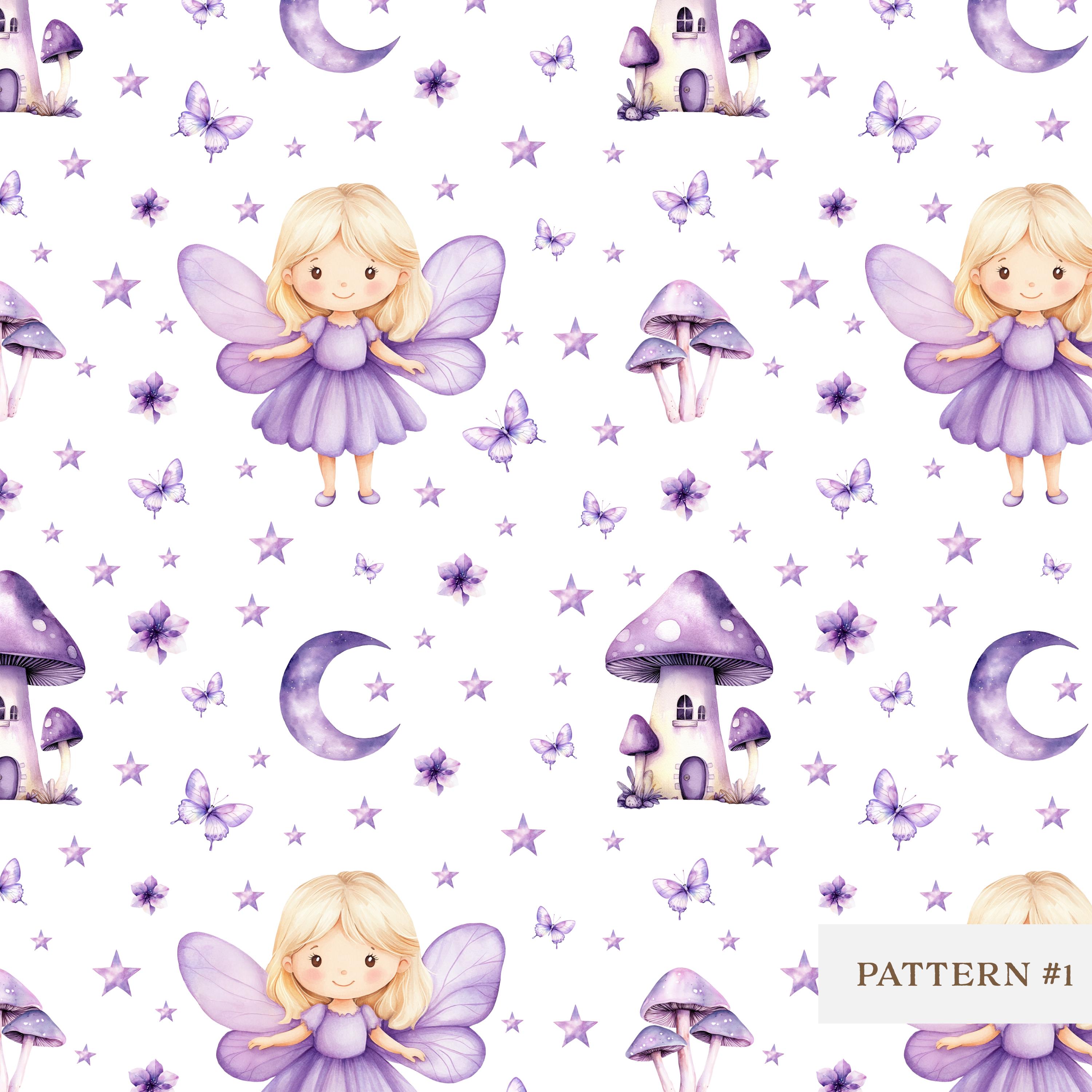 Purple Fairy Seamless Pattern, Cute Fairy Digital Paper, Watercolor ...