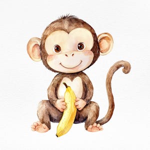 Lindo mono de acuarela PNG, mono bebé con plátano, ilustración de animal de la selva para guardería, álbum de recortes, decoración de habitación infantil