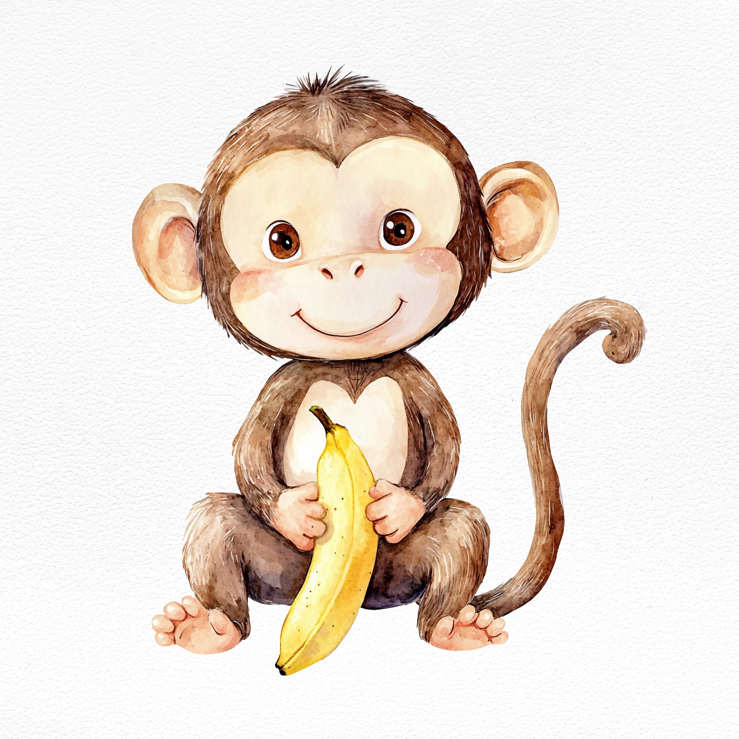 Lindo mono de acuarela PNG, mono bebé con plátano, ilustración de animal de  la selva para guardería, álbum de recortes, decoración de habitación  infantil - Etsy México, image size:3000x3000