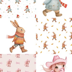 May include: A set of four digital illustrations featuring winter, autumn, and spring themes. The illustrations include a bear wearing a blue coat and red hat, a rabbit wearing a jumper and scarf, a horse wearing a pink cowboy hat and boots, and a repeating pattern of horses wearing pink cowboy hats and boots.
