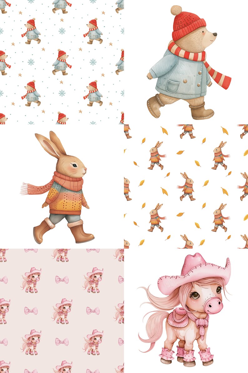 May include: A set of four digital illustrations featuring winter, autumn, and spring themes. The illustrations include a bear wearing a blue coat and red hat, a rabbit wearing a jumper and scarf, a horse wearing a pink cowboy hat and boots, and a repeating pattern of horses wearing pink cowboy hats and boots.