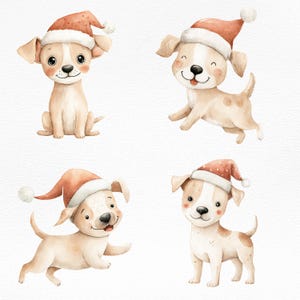 Lot de cliparts chiot de Noël | Fichiers PNG chien mignon | Illustrations de père Noël pour cartes, autocollants, sublimation et travaux manuels