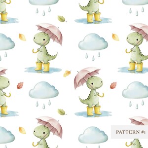 Puede incluir: Patrón de acuarela repetido con un dinosaurio de dibujos animados con botas de agua amarillas y un paraguas rosa. El diseño incluye nubes, gotas de lluvia y hojas de otoño sobre un fondo blanco. El texto dice "PATTERN #1".