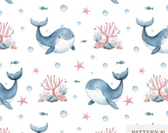 Watercolor Whale Seamless Pattern, Baby Ocean Animal Digital Paper, Cute Nautical Nursery Background, Sublimation/Scrapbooking/Fabric Design