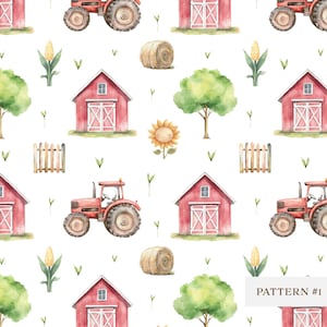 Padrão de trator de fazenda sem costura PNG, papel digital de celeiro de aquarela, scrapbooking, decoração de quarto infantil, chá de bebê, design de tecido infantil, casa de fazenda