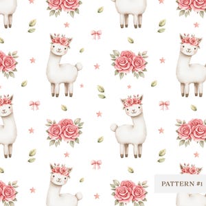 Lama mignon motif sans couture, aquarelle floral alpaga Clipart, impression chambre de bébé fille, conception de tissu, sublimation PNG, papier numérique pour enfants