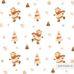 May include: A seamless pattern featuring brown bears wearing red scarves and ice skating on a white background with brown Christmas trees and white snowflakes. The text "PATTERN #1" is at the bottom of the image.