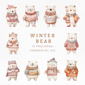 Watercolor Cute Polar Bears Clipart-Commercial Use Clip Art-Watercolor Design-Winter Animals-Snow-Polar Bear Images-White Bear-Sublimation