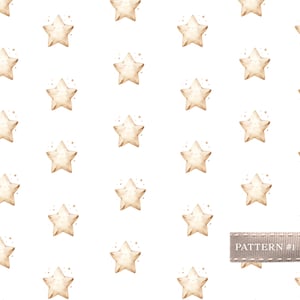 Può includere: Un motivo ripetuto di stelle sorridenti, marrone chiaro, con piccole stelle dorate su sfondo bianco. Le stelle hanno gli occhi chiusi e una morbida texture ad acquerello. Il testo "PATTERN #1" è su un nastro grigio.