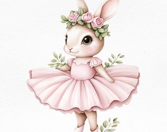 Può includere: Un coniglietto ballerina rosa carino con una corona di fiori e un tutù rosa. Il coniglietto è in piedi su uno sfondo bianco.