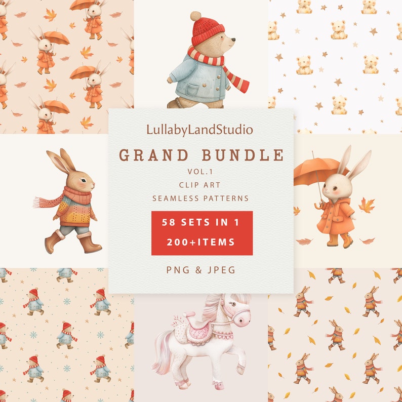 May include: A digital illustration set featuring 58 sets of clip art and seamless patterns. The set includes 200+ items in PNG and JPEG format. The illustrations feature cute animals, including a bunny, bear, and horse, in various autumnal and winter scenes.