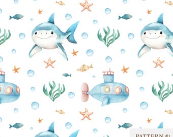 Padrão sem emendas de tubarão em aquarela, papel digital subaquático fofo, scrapbooking para berçário de bebês animais marinhos submarinos, design de tecido