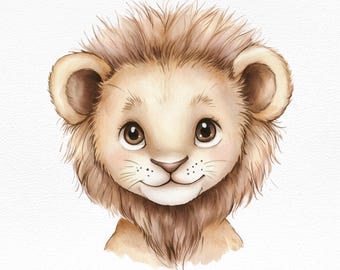 愛らしい赤ちゃんライオンの保育園アート、印刷可能な壁飾り、サファリ