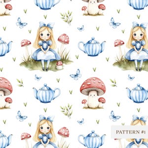 Alice im Wunderland-Muster, Skurril, digitales Papier, Stoffdesign, Scrapbooking/Einladungen/Tapete, Babyparty, Kinderzimmerdeko