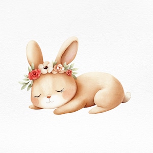 Clipart bébé lapin aquarelle | Couronne florale de lapin endormi | Art animalier pour chambre de bébé | Baby shower PNG | Illustration de lapin bohème des bois