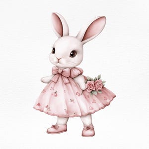 Conejito de acuarela con vestido - Imágenes prediseñadas de conejito de Pascua - Decoración de guardería - Ilustración de conejito - Lindo animalito bebé - PNG transparente - Conejita bebé