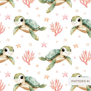 Nahtloses Meeresschildkröten-Muster, niedliche Ozean-Babytiere, Aquarell-Meeresleben, Digitaler Stoffdruck, Kinderzimmer-Sublimationsdesign|Digitales Papier
