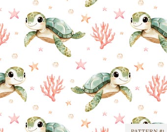 Seamless Sea Turtle Pattern, Cute Ocean Baby Animals, Watercolor Marine Life, Digital Fabric Print, Nursery Sublimation Design|Digital paper