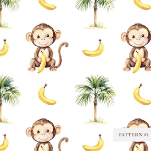 Seamless Watercolor Monkey Pattern with Banana and Palm Tree, Jungle Animal Nursery Wallpaper, Kids Room Decor, Baby Shower Wrapping Paper