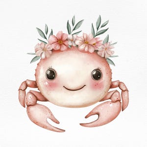 Niedliche Aquarell Krabbe Clipart mit Blumenkrone, Ozean Tier Illustration für Kinder Dekor, Kinderzimmer Kunst, Baby Party, Scrapbooking, PNG Datei
