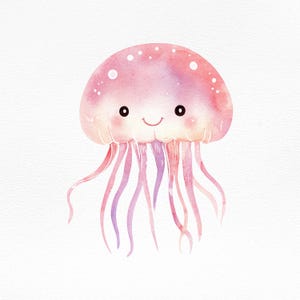 Cute Watercolor Jellyfish Clipart, Kawaii Ocean Sea Life Print, Pink Marine Animal Illustration, Underwater Digital Art PNG|Sublimation File