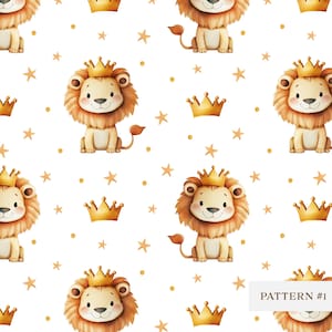 Padrão de leão fofo sem costura com coroa | Papel digital de animais de safári para bebês | Plano de fundo para quarto de bebê na selva | Design de tecido infantil para impressão PNG