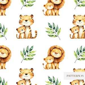 Peut inclure: Motif répété avec des illustrations à l'aquarelle de lionceaux et de tigres souriants avec leurs parents, et des feuilles vertes sur fond blanc. Le texte "PATTERN #1" est dans un rectangle blanc.